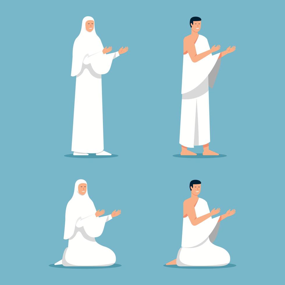 peregrinos del islam rezando en posición de pie y sentado vector