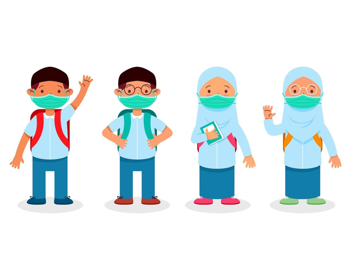 Children Of Islamic School Student During Pandemic Character Set vector