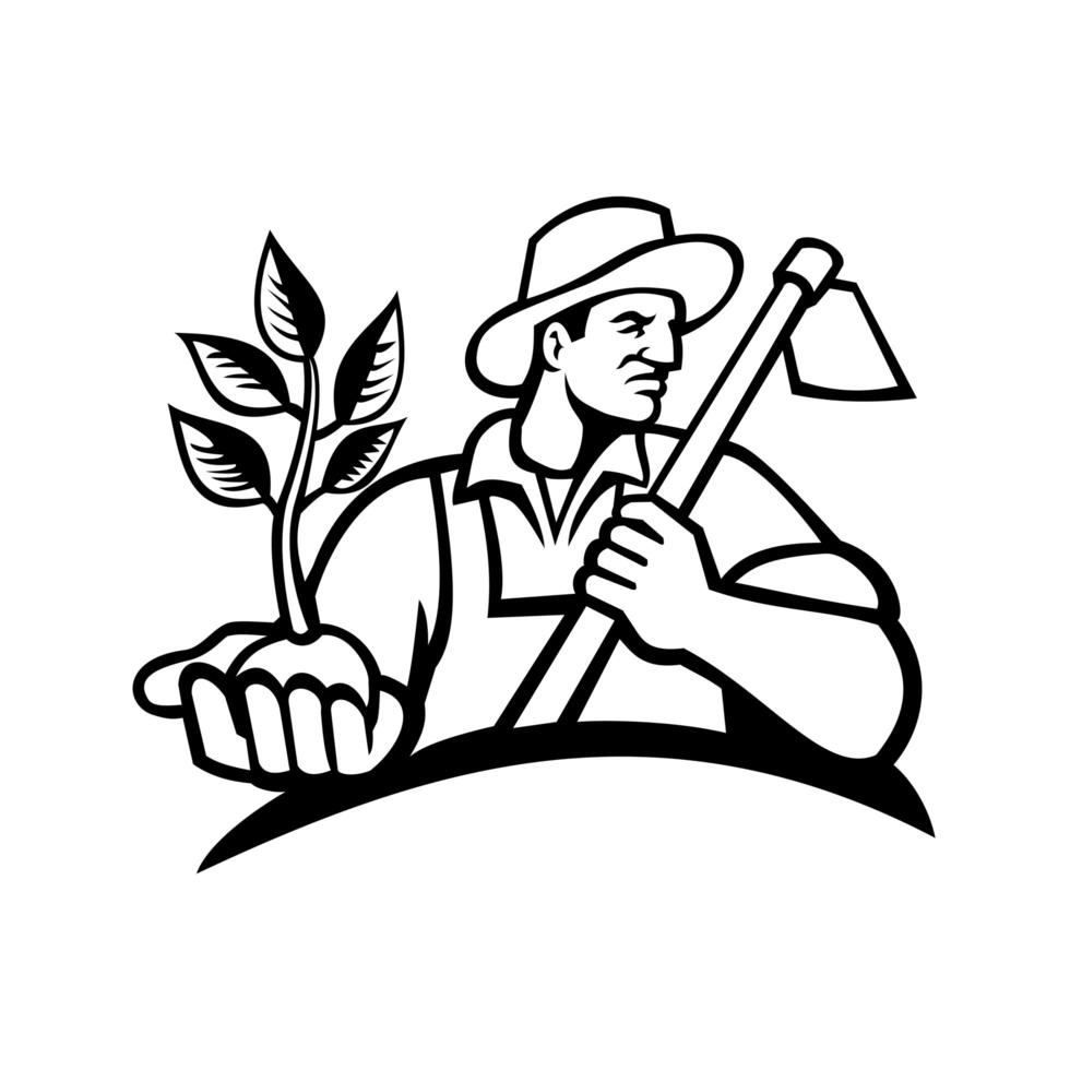 Organic Farmer Holding Plant and Holding Hoe Mascot in Black and White vector