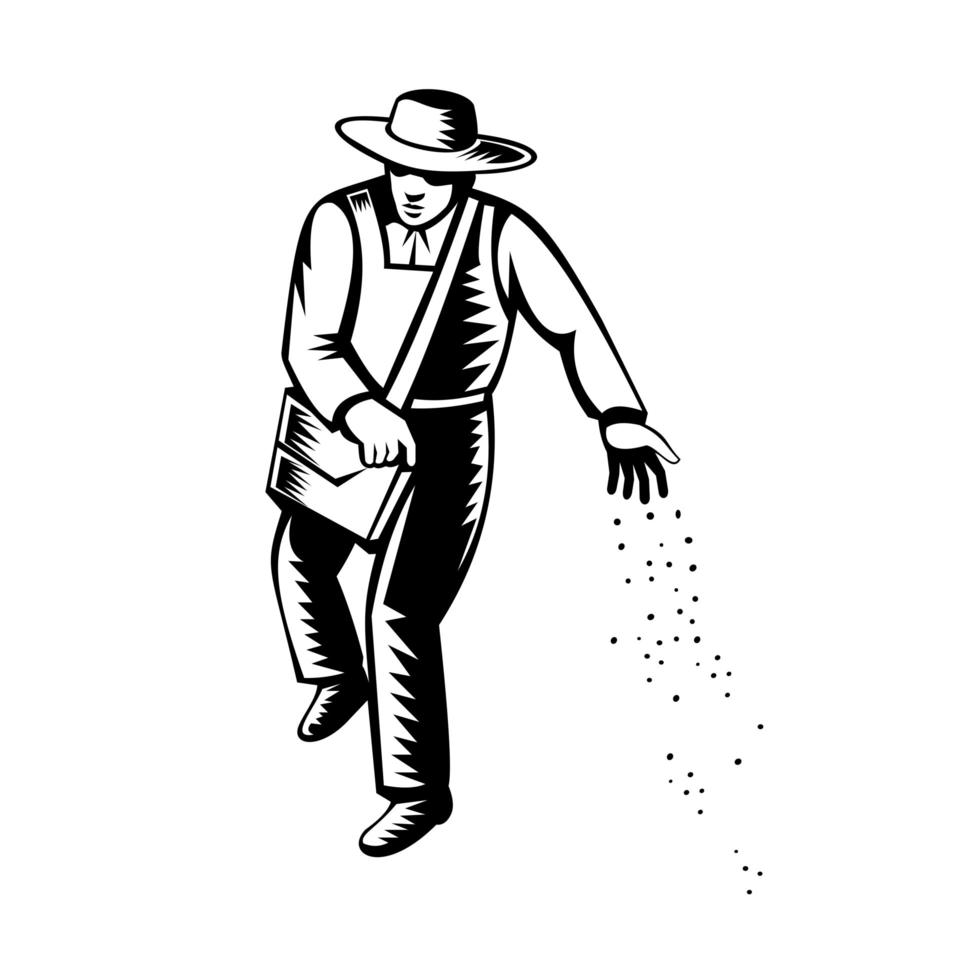 agricultor orgánico sembrando semillas visto desde la parte delantera retro diseño en blanco y negro vector