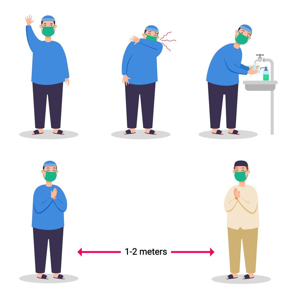 niño musulmán que previene la propagación del virus de la gripe carácter plano vector