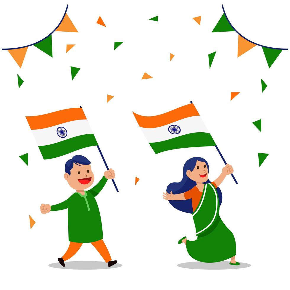 Two People Waving Flags Celebrate India Republic Day vector