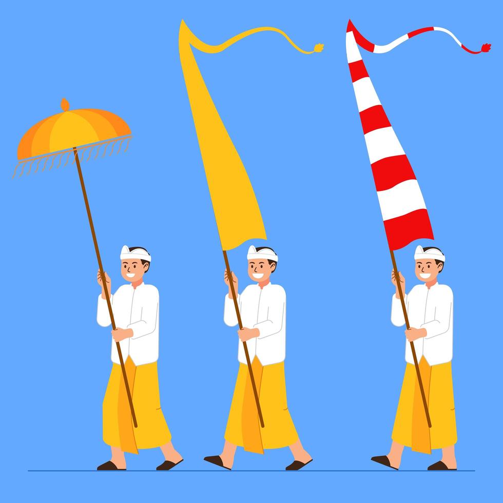 Los niños balineses llevan una bandera larga y un paraguas. vector