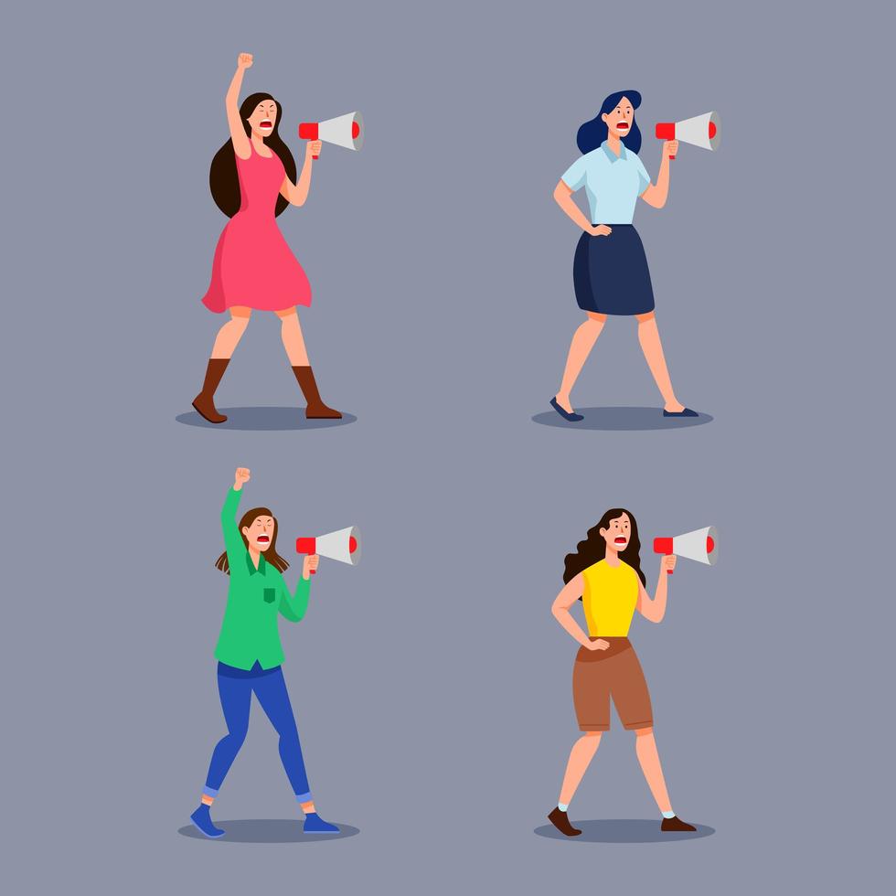 Women Protester Screaming Into Megaphone Character Collection Set vector