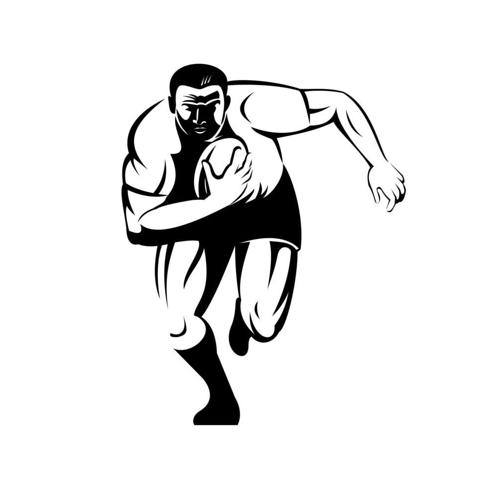 Rugby Player Running With Ball Viewed from Front Retro Woodcut in Black and White vector
