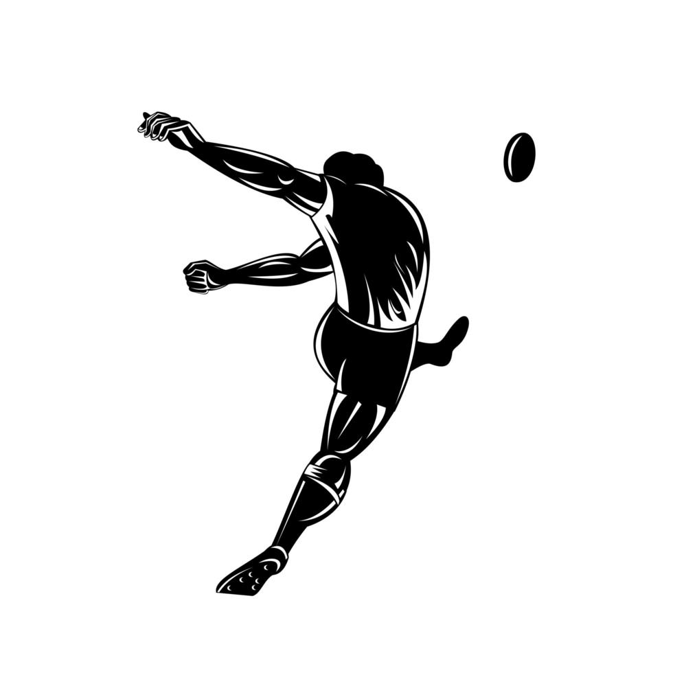 Jugador de rugby o pateador pateando el balón visto desde la parte trasera retro xilografía en blanco y negro vector