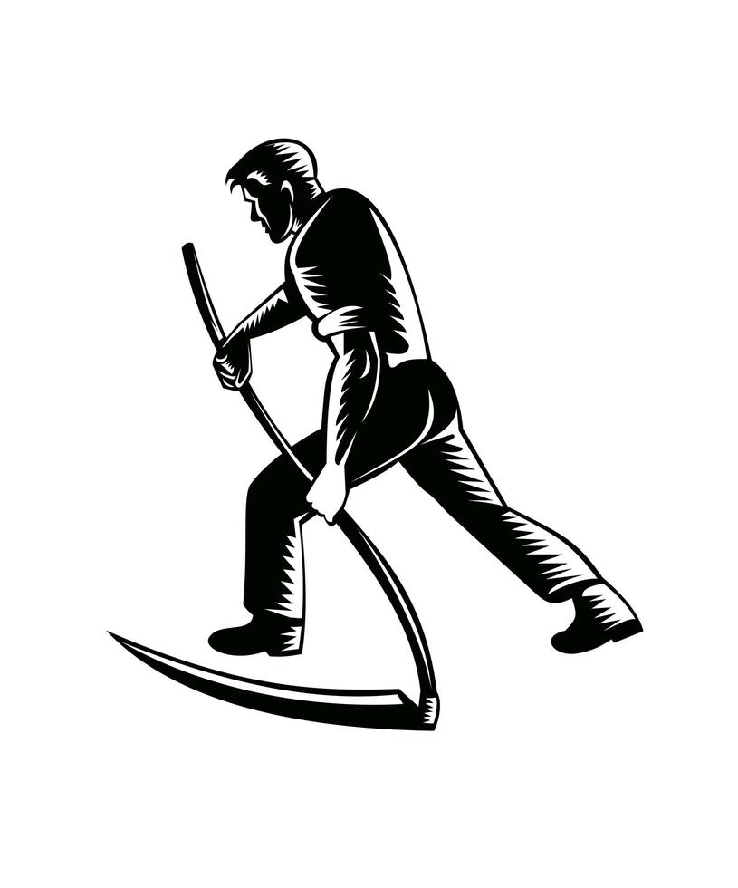 Organic Farmer Working with Scythe Viewed from Rear Retro Black and White Design vector