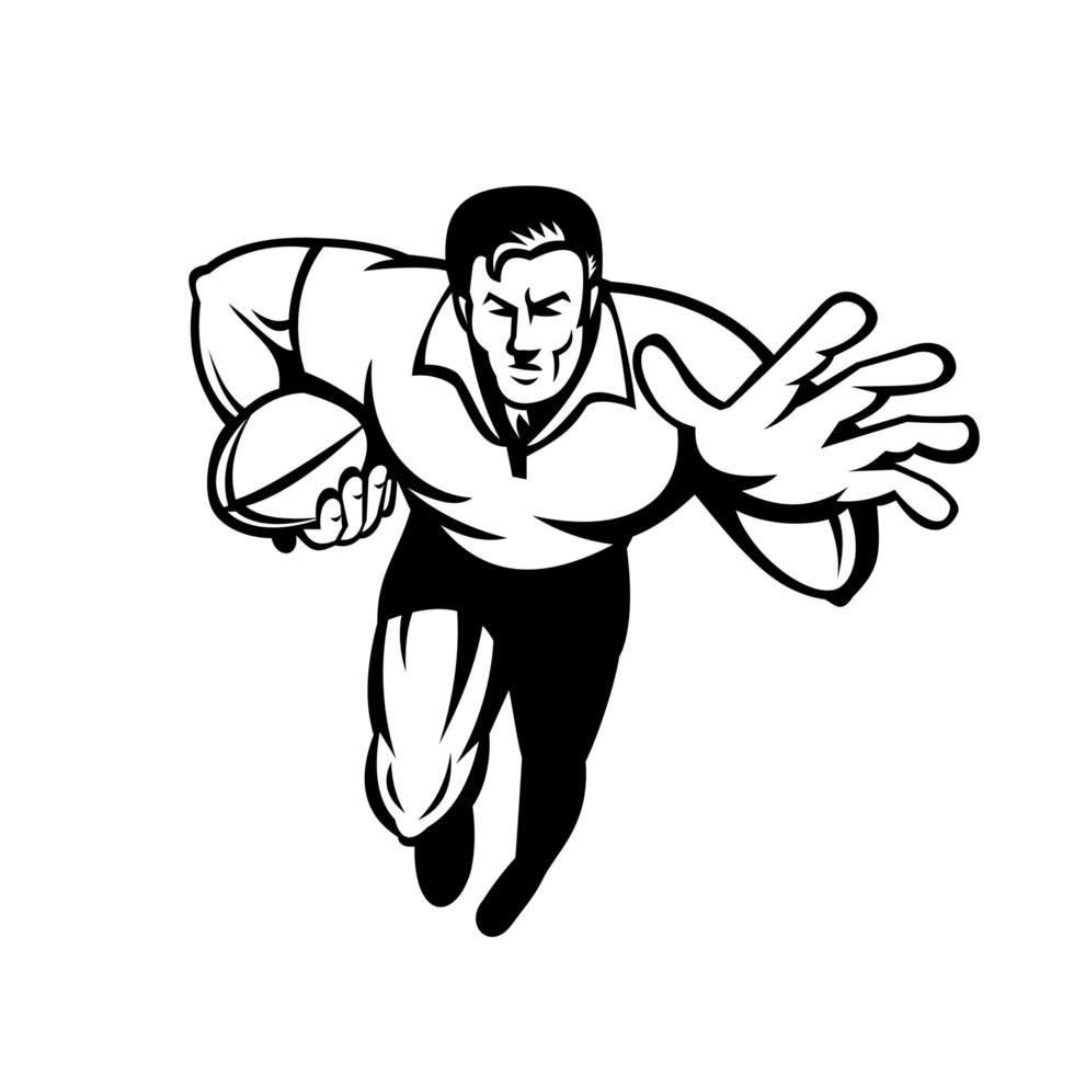 jugador de rugby corriendo con pelota defendiéndose de diseño retro en blanco y negro vector