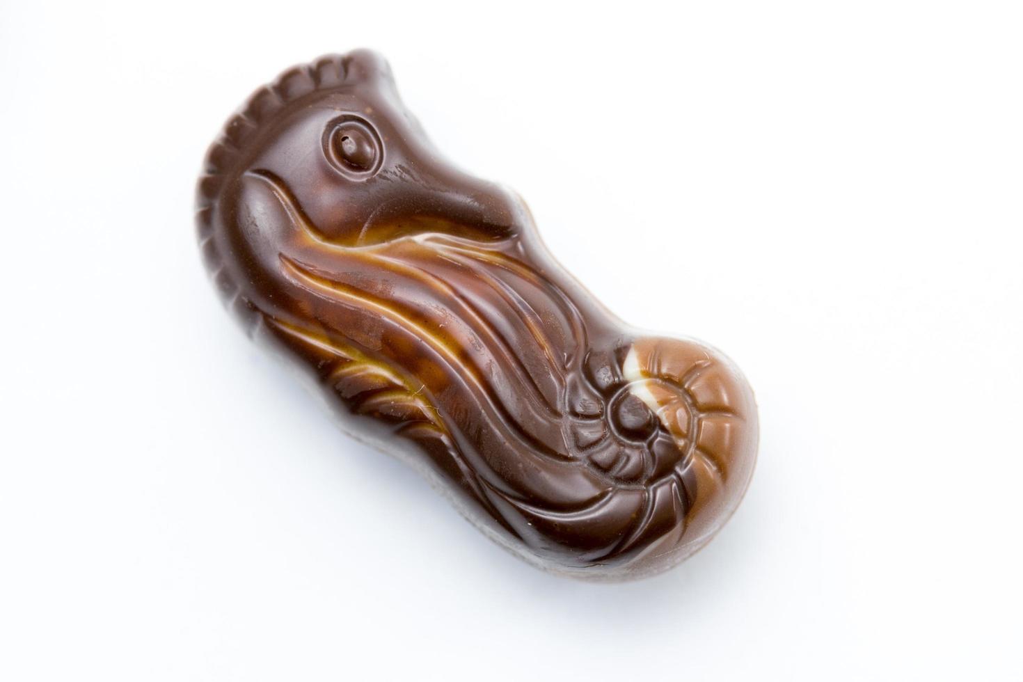 Un caballito de mar figura chocolate de confitería sobre un fondo blanco. foto