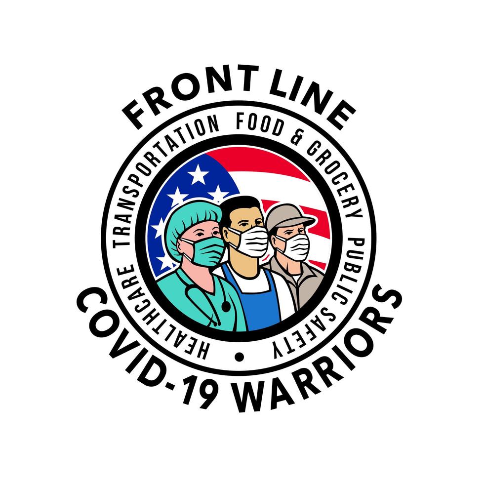 emblema de guerreros covid-19 de primera línea americana vector