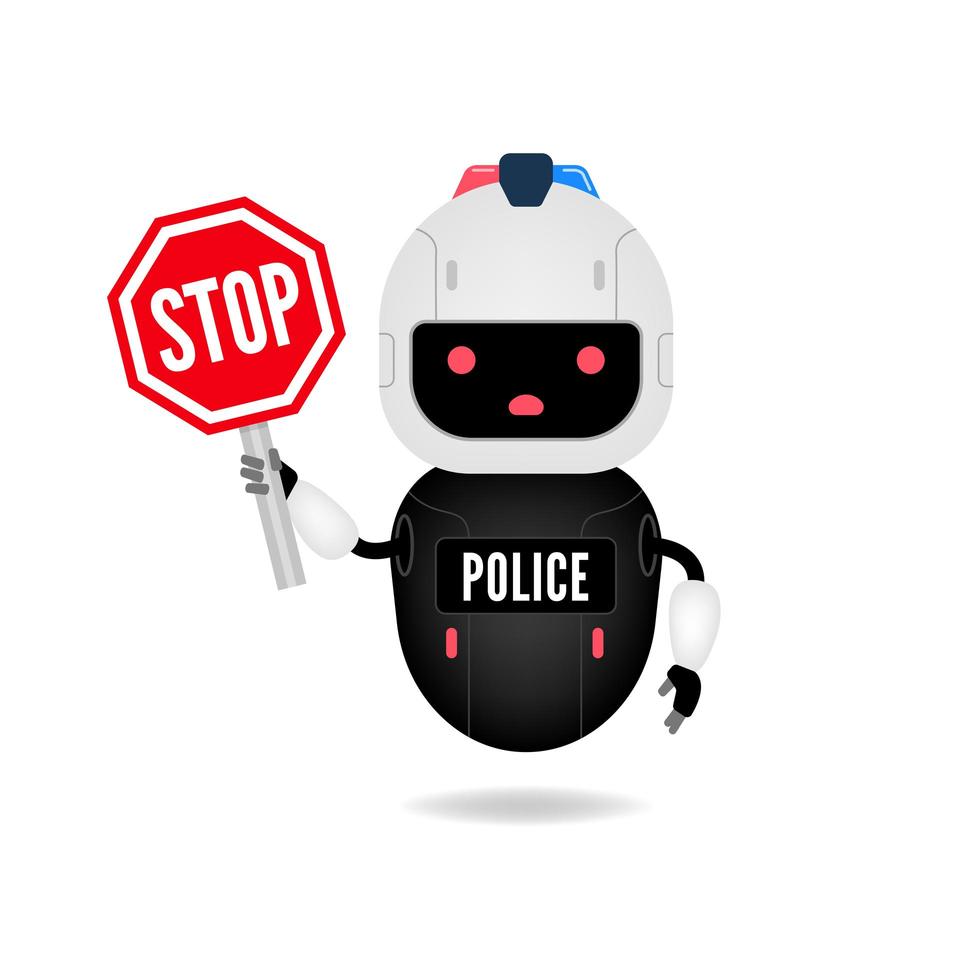 Police android robot character holding stop sign. vector