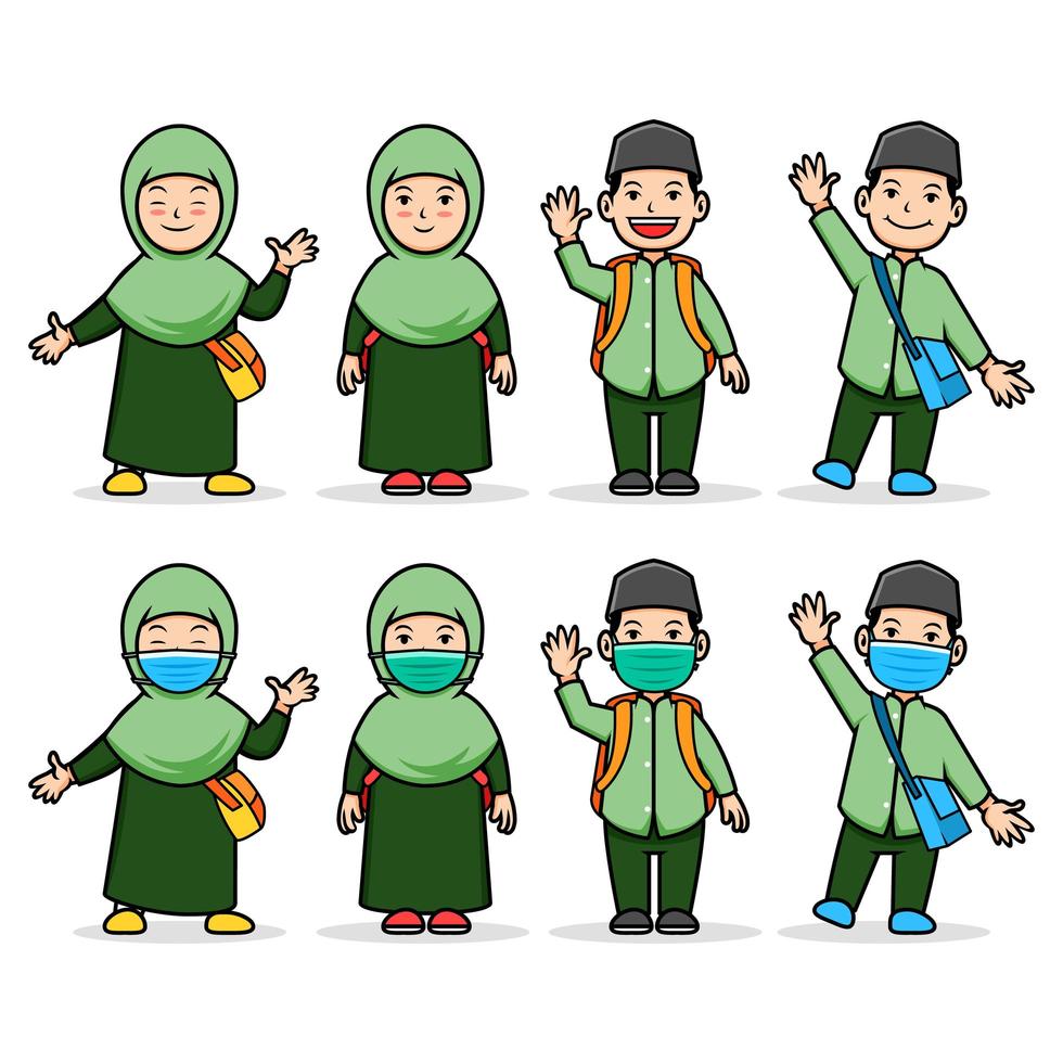 personaje de dibujos animados cómico de niños estudiantes musulmanes vector