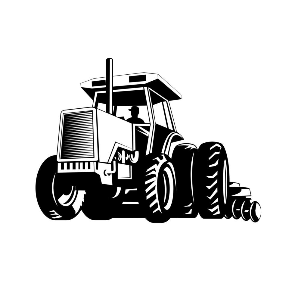 Tractor agrícola tirando de un arado o arado mientras arando retro en blanco y negro vector