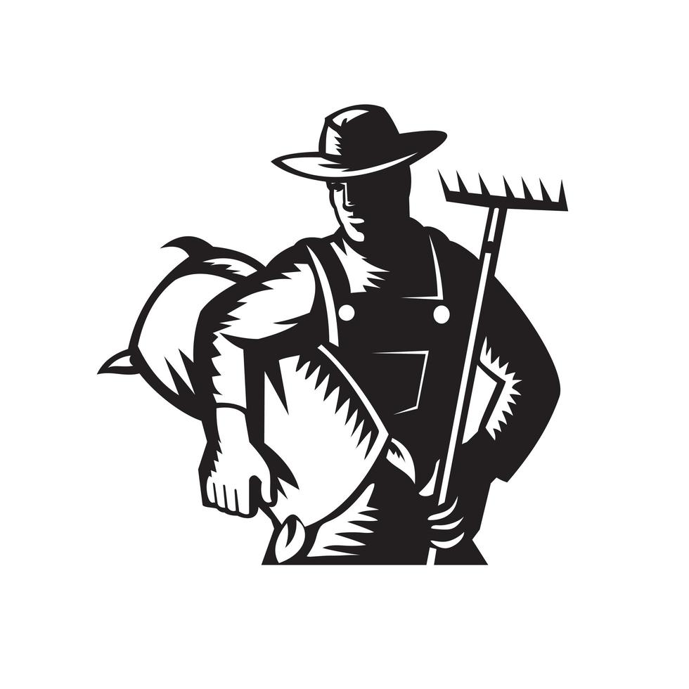 Organic Wheat Farmer with Rake and Sack Retro Woodcut vector