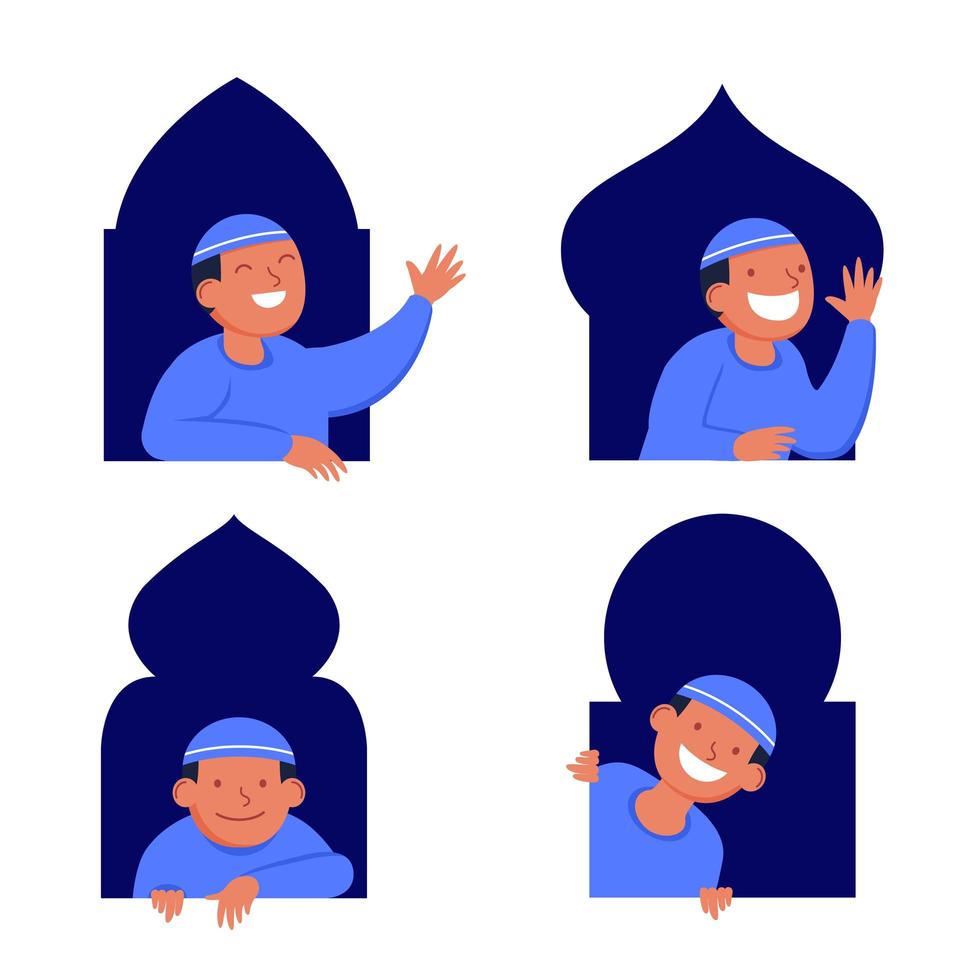 chico musulmán personaje plano asomando por la ventana vector