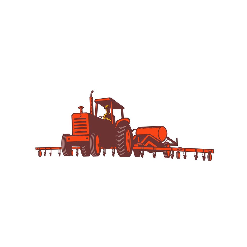 Tractor agrícola tirando tanque de nitrógeno emblema retro vector