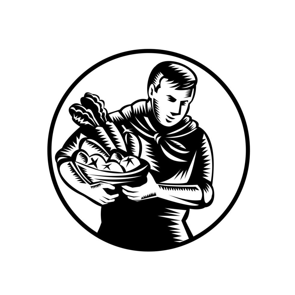 Organic Farmer With Vegetable Farm Produce Retro Woodcut in Black and White vector