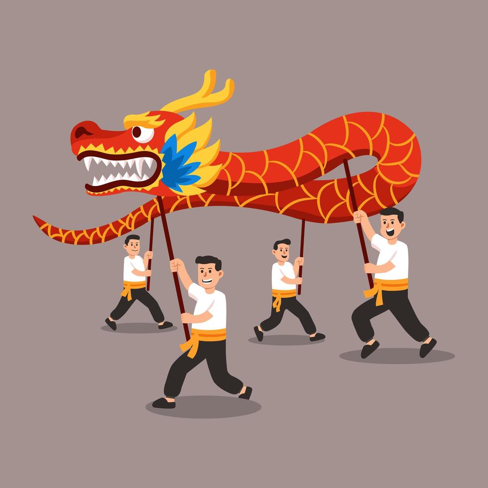la gente realiza la danza del dragón chino tradicional ilustración plana vector