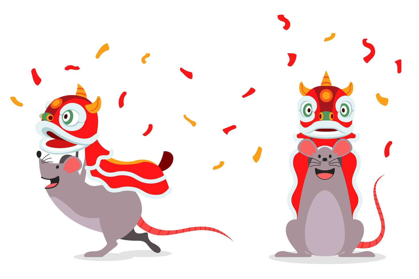 Rat Cartoon Character Performing Traditional Chinese Lion Dance vector