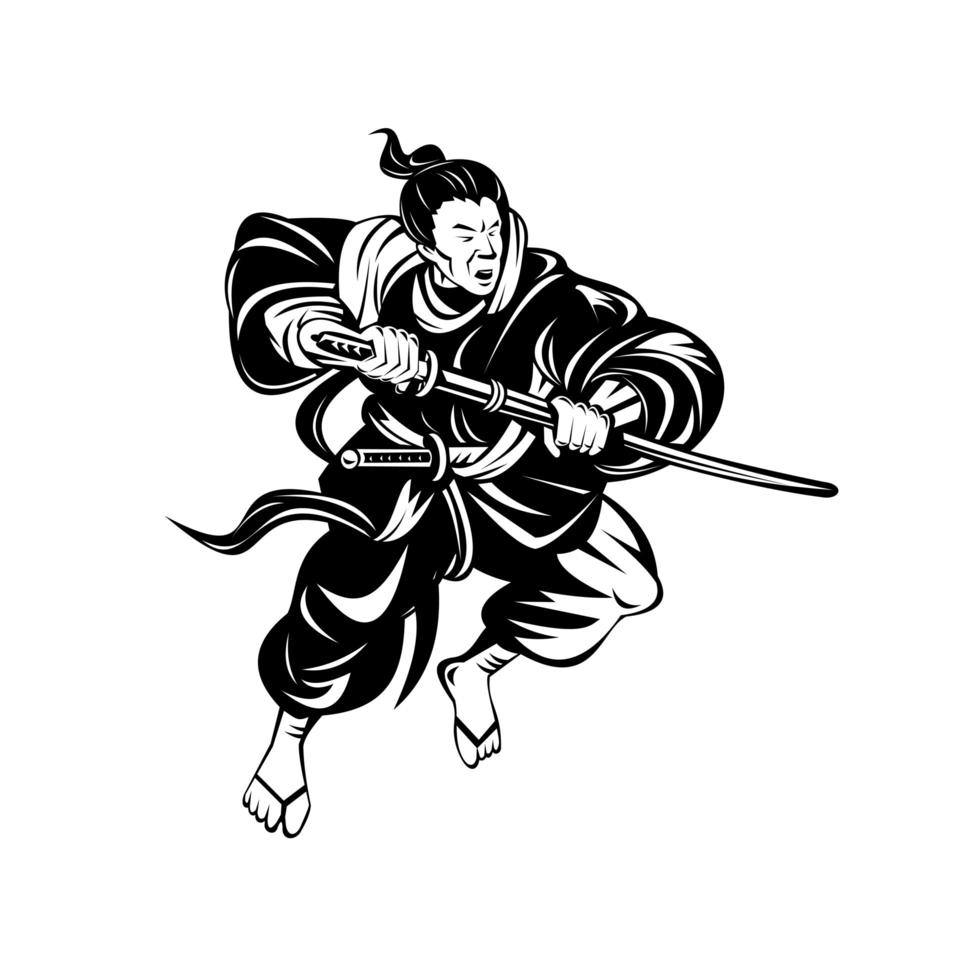 Guerrero samurai o bushi con espada katana luchando retro xilografía en blanco y negro vector