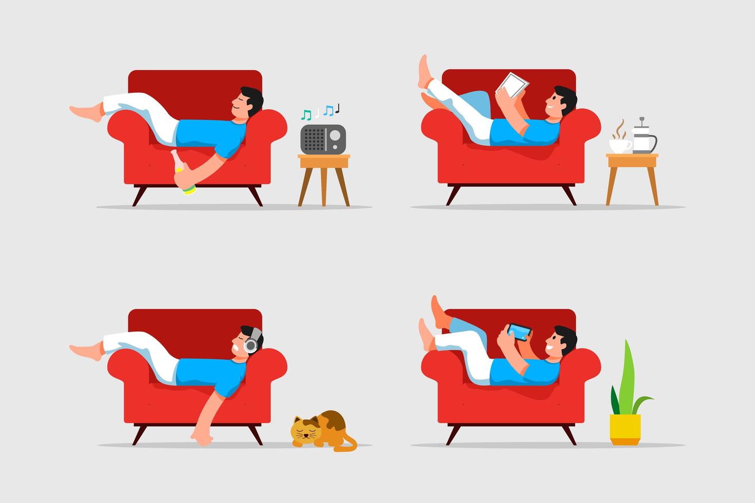 Man Laying Down And Relaxing On Couch Vector Illustration