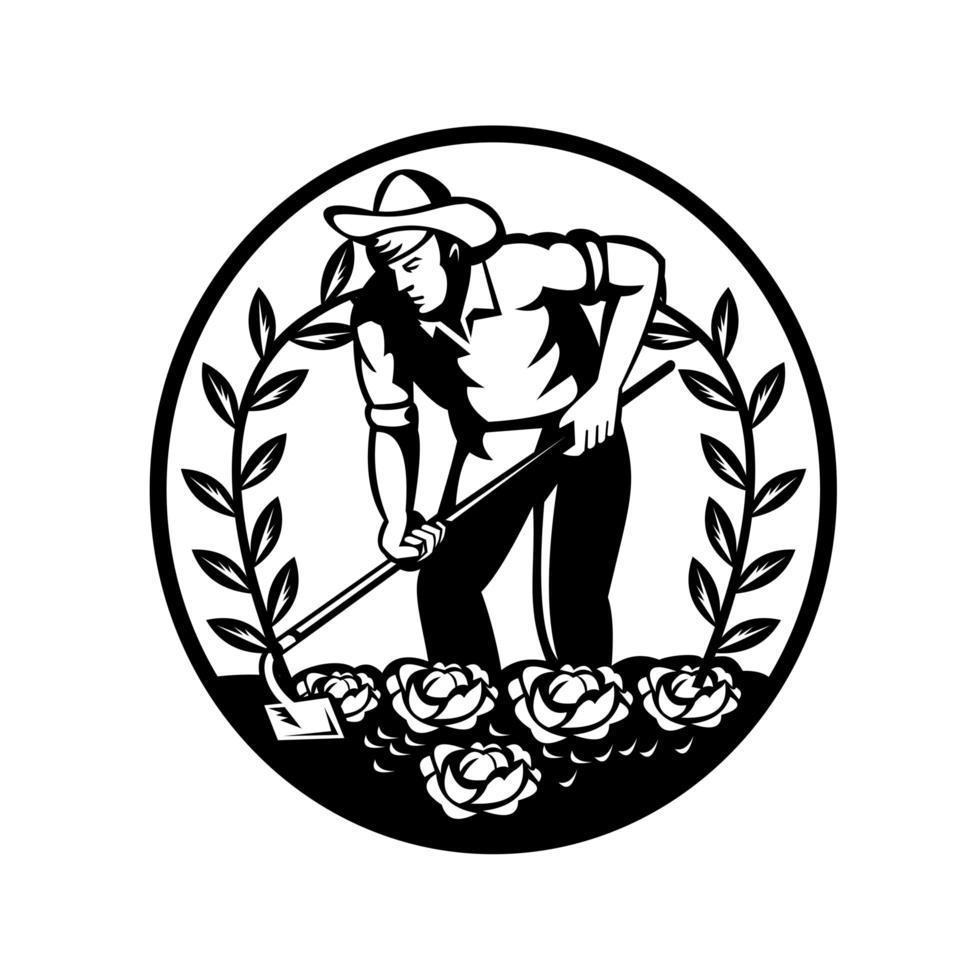 agricultor orgánico labrando huerto agrícola con grub hoe emblema círculo retro vector