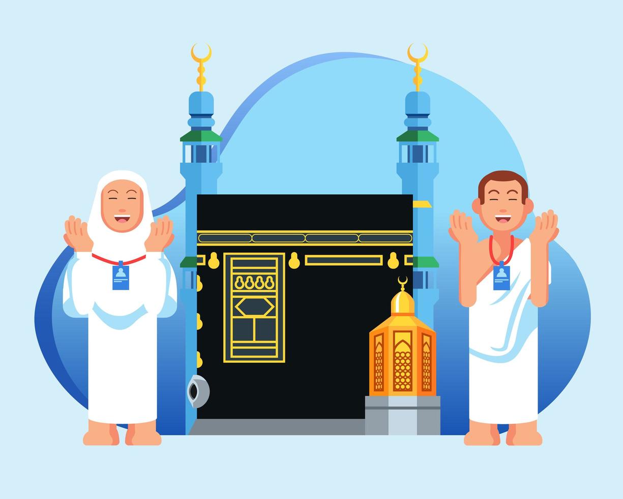 Praying Cute Hajj Pilgrim Characters In Front Of Maqam Ibrahim And Kaaba vector