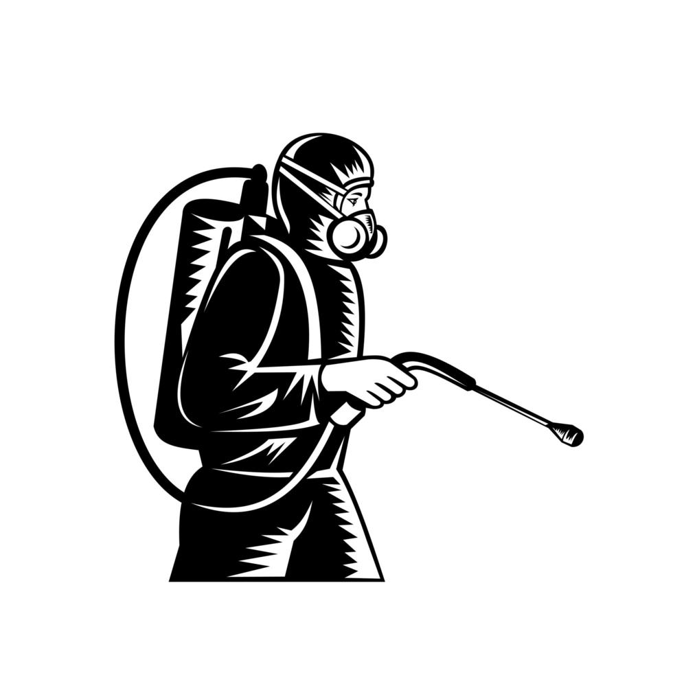 Pest Control Exterminator Spraying Side Retro Woodcut in Black and White vector