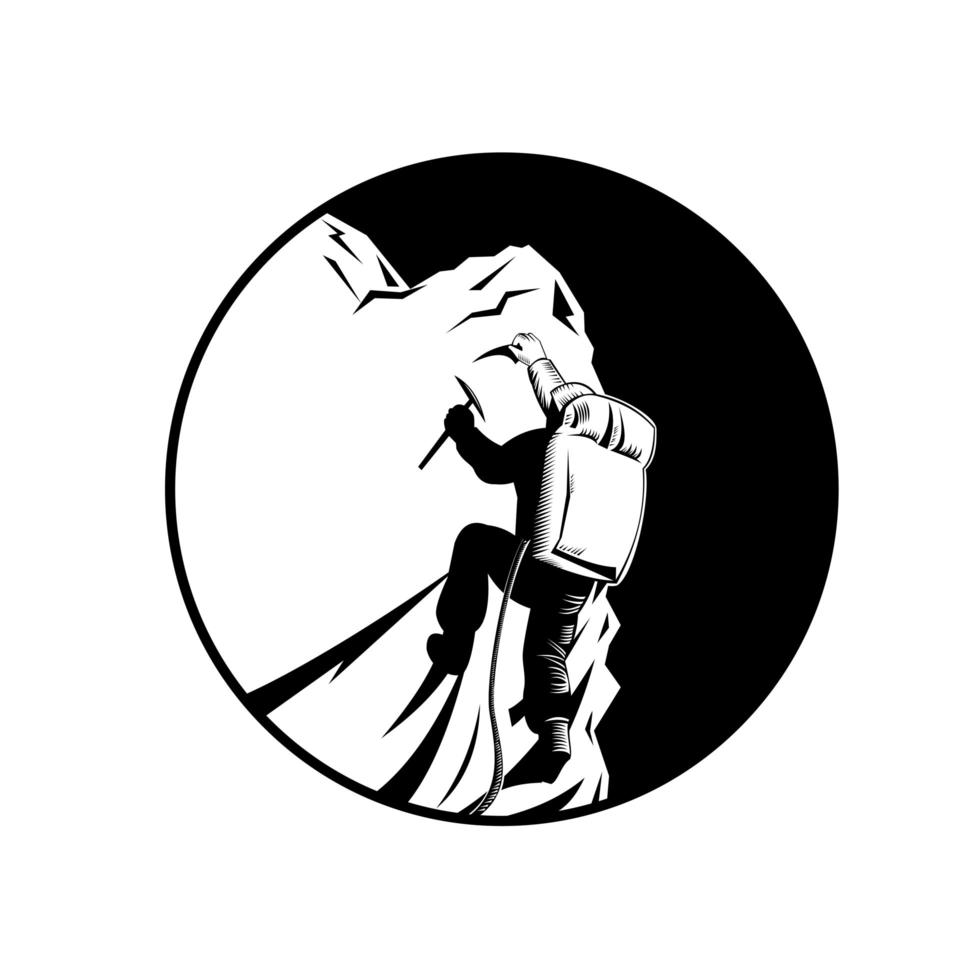 Mountain Climber or Mountaineer with Ice Ax Climbing Summit Retro Woodcut in Black and White vector