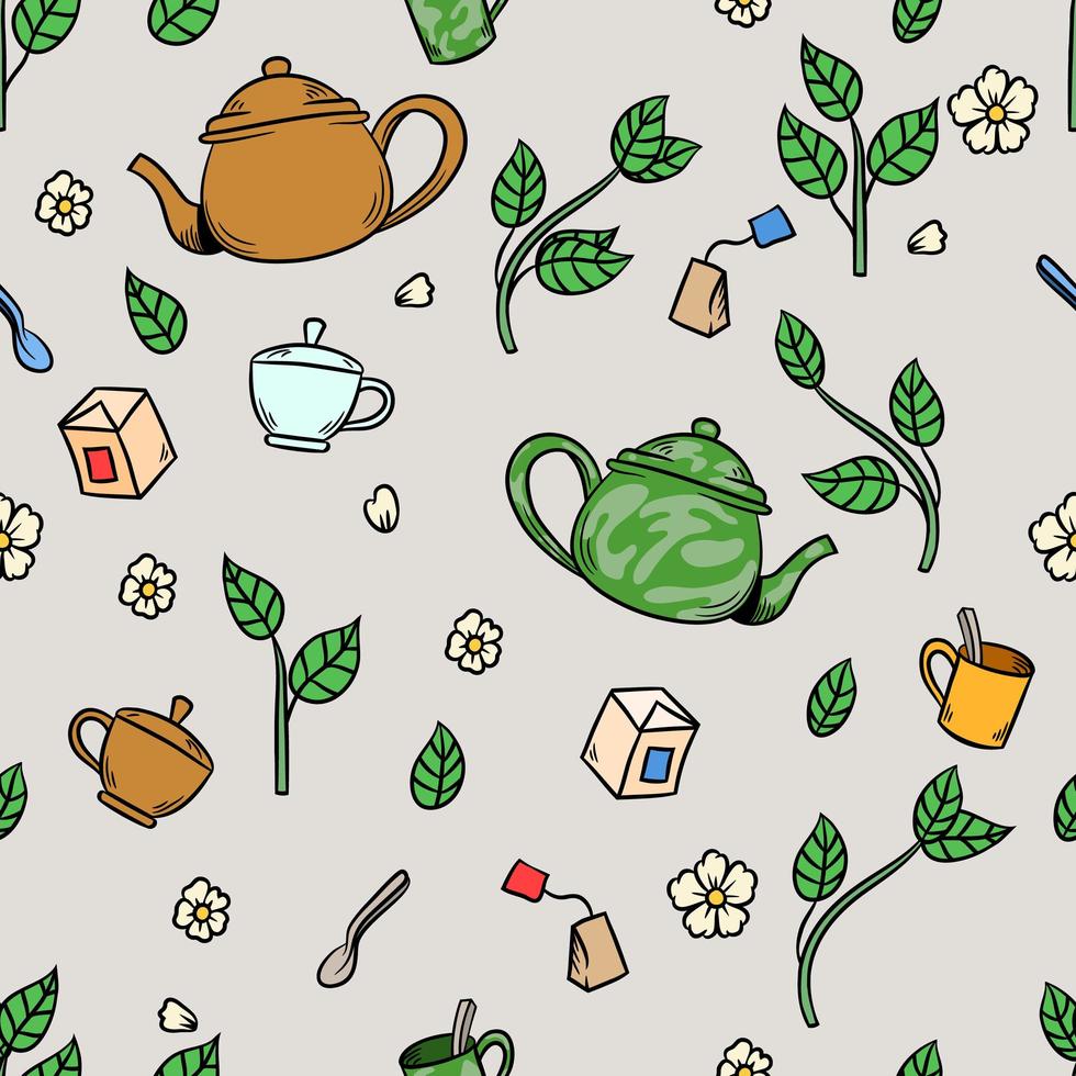 Jasmine Tea Cup And Leaves Drawing Seamless Pattern vector