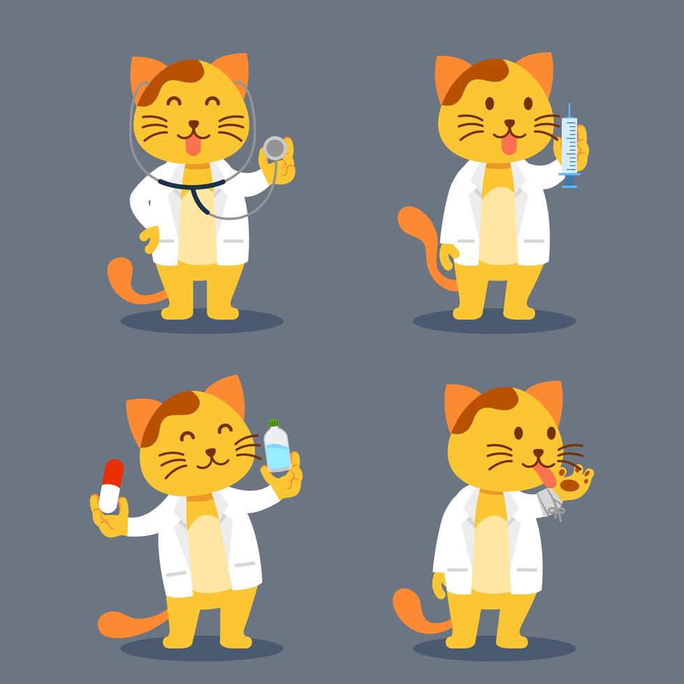 gato como mascota doctor personaje plano ilustración vector