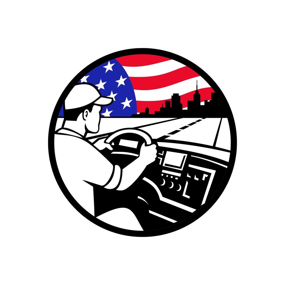 American Trucker Driving Highway USA Flag Circle Mascot Emblem vector