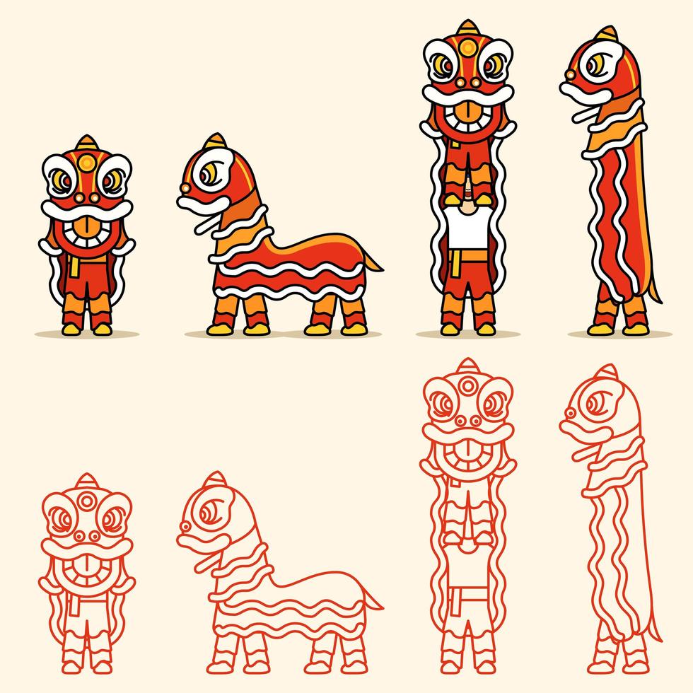 Simple Line Chinese Lion Dance Character Set vector