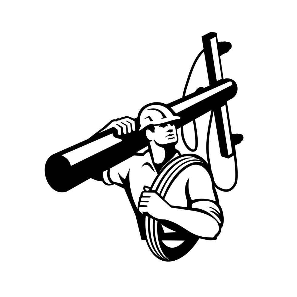 Power Lineman Repairman Carrying Electric Pole Black and White Retro Design vector