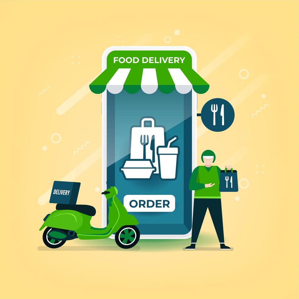 Delivery man holds a food bag standing with a motorcycle. Food delivery online on mobile application. vector