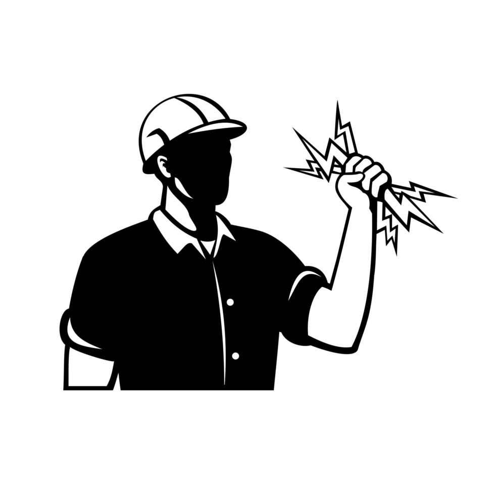 Power liniero trabajador eléctrico o electricista sosteniendo un rayo vista lateral diseño retro en blanco y negro vector