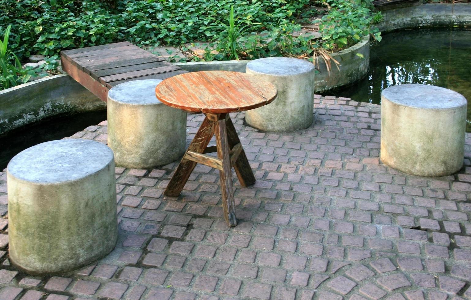Spain, 2020 - Wooden circular table and  cement chairs in a park photo