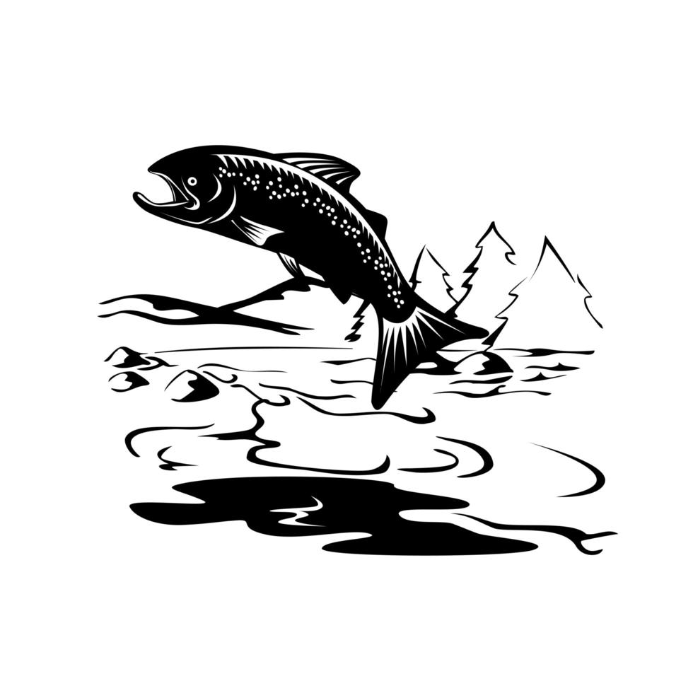 Speckled Trout Fish Jumping Up River Woodcut Retro in Black and White vector