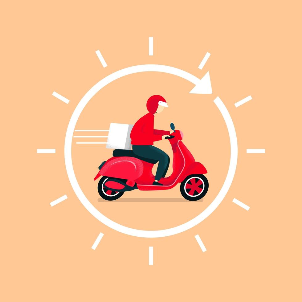 repartidor paseo en moto scooter. concepto de entrega 24 horas. vector