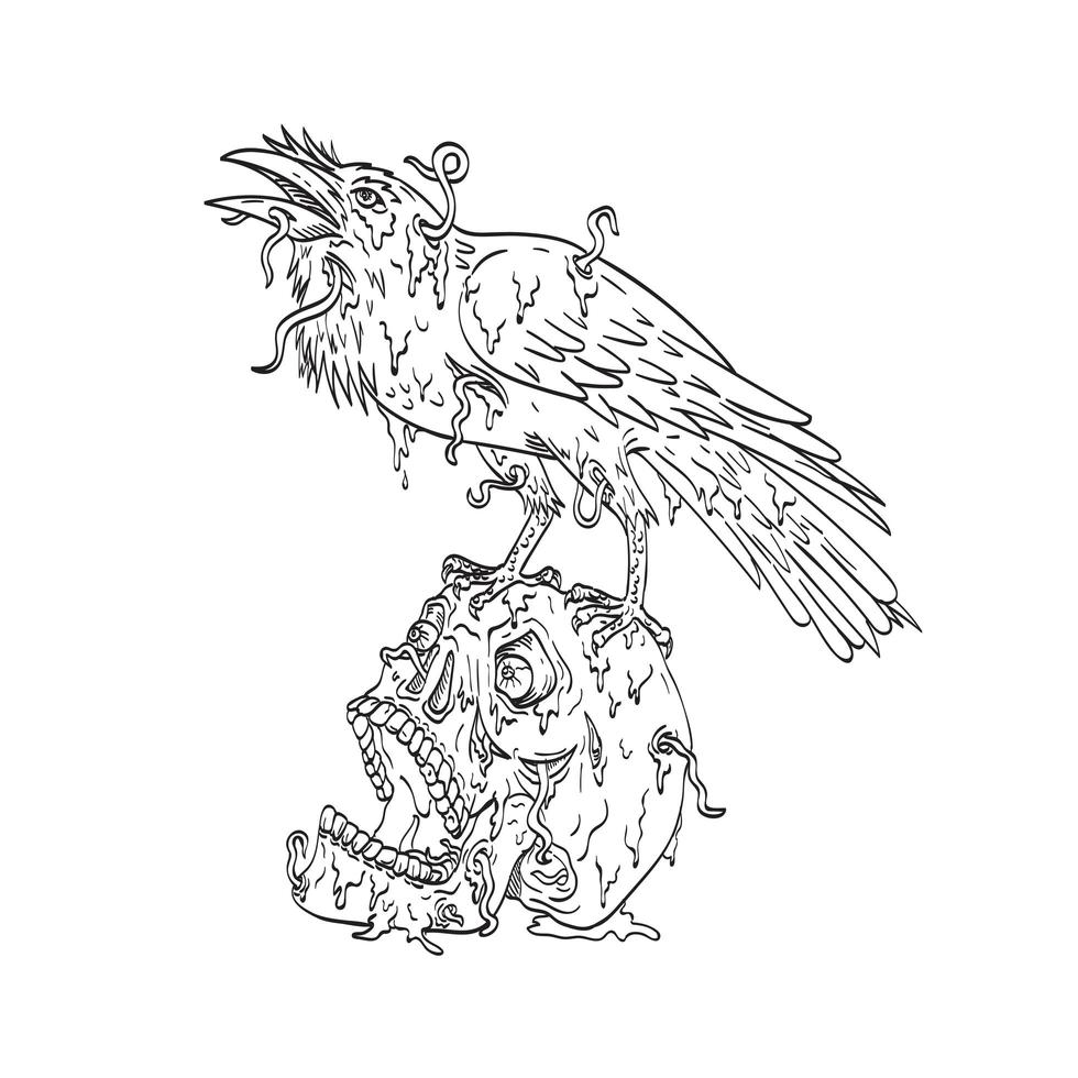 Raven Perching on Top of Human Skull Dripping with Earthworm or Burrowing Worm Line Art Drawing vector