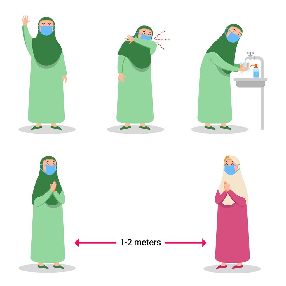 Girl Moslem Preventing Spread Of Flu Virus Flat Character vector