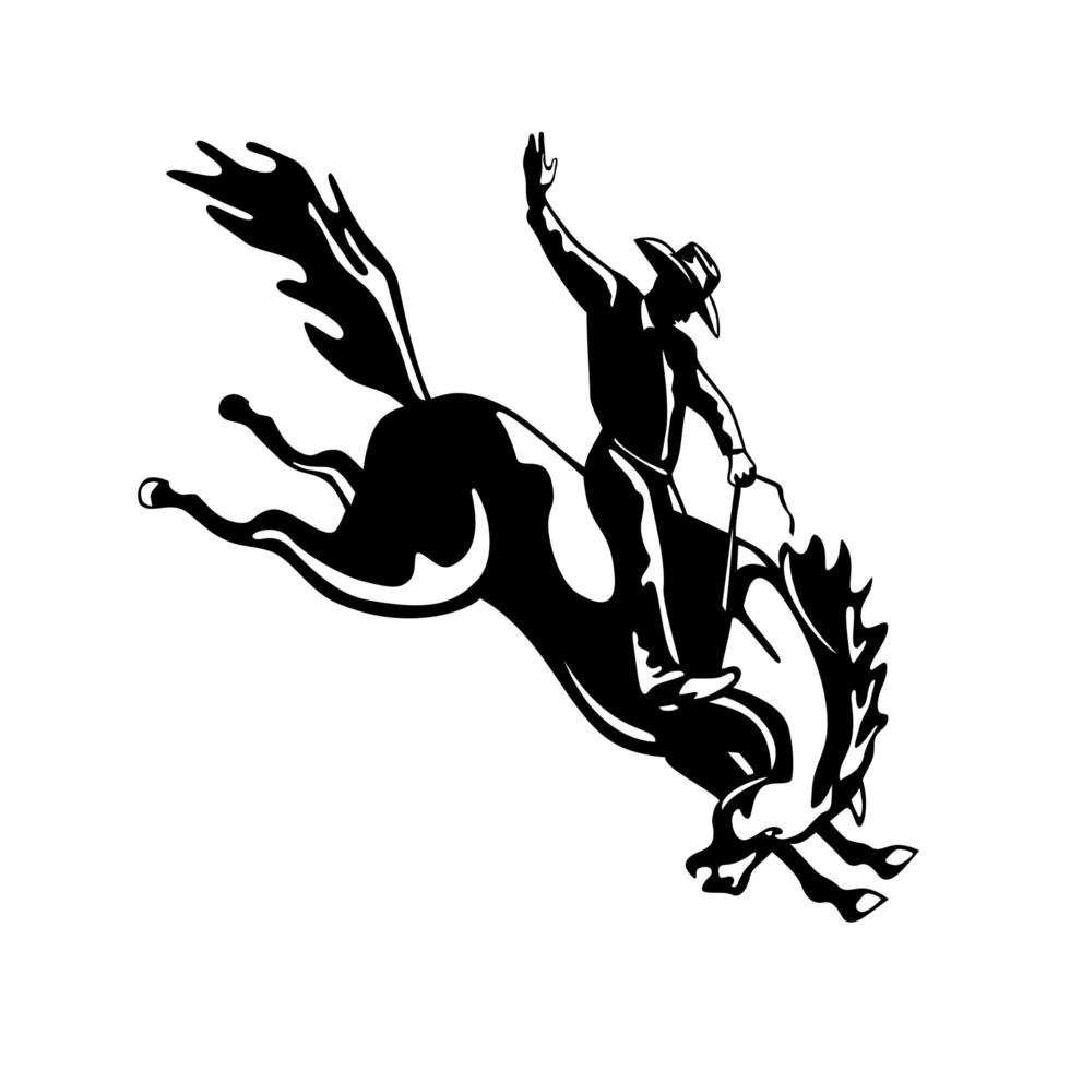 Jinete de vaquero de rodeo montando un bronco retro xilografía en blanco y negro vector
