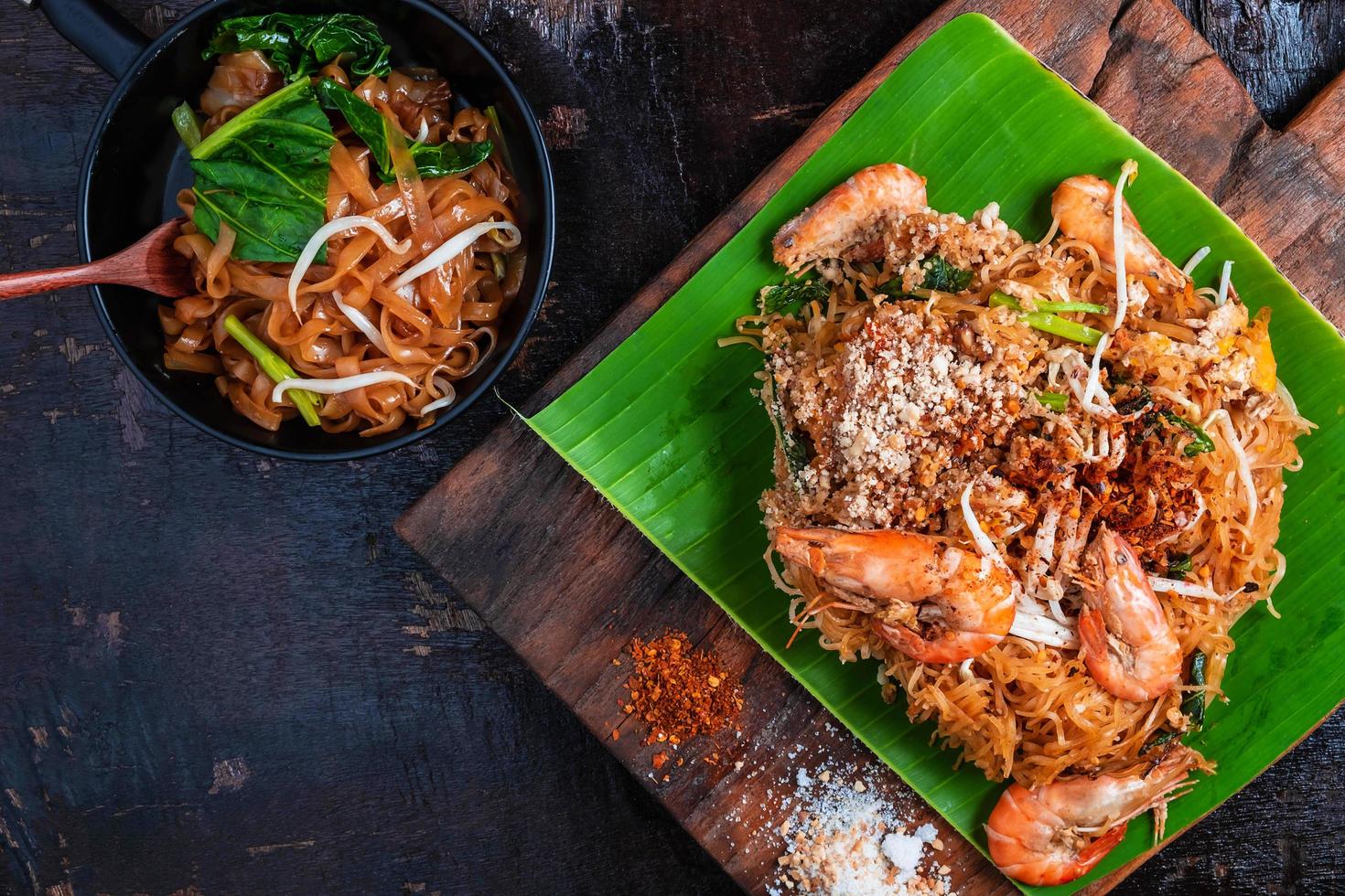 Fried noodles on banana leaf photo