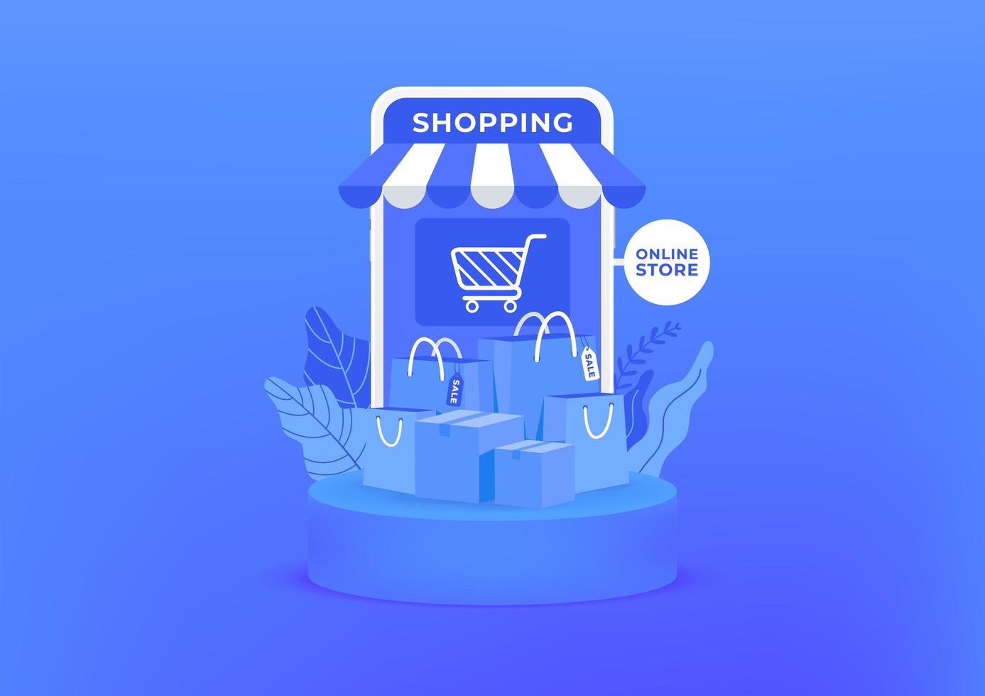 compras en línea en el móvil. bolsas y cajas de compras sobre fondo azul. tienda online en la aplicación móvil. vector