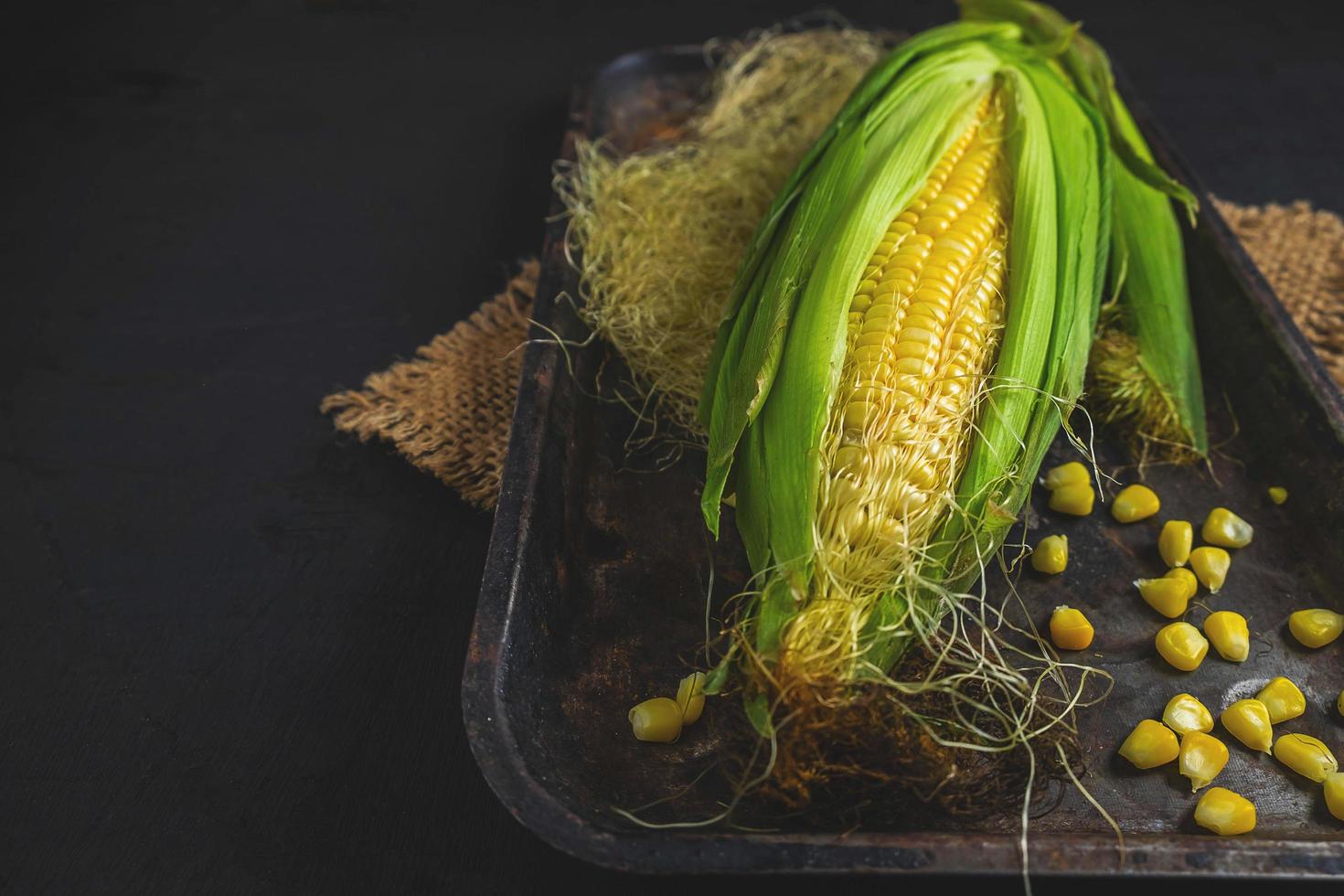 Fresh corn on black background photo