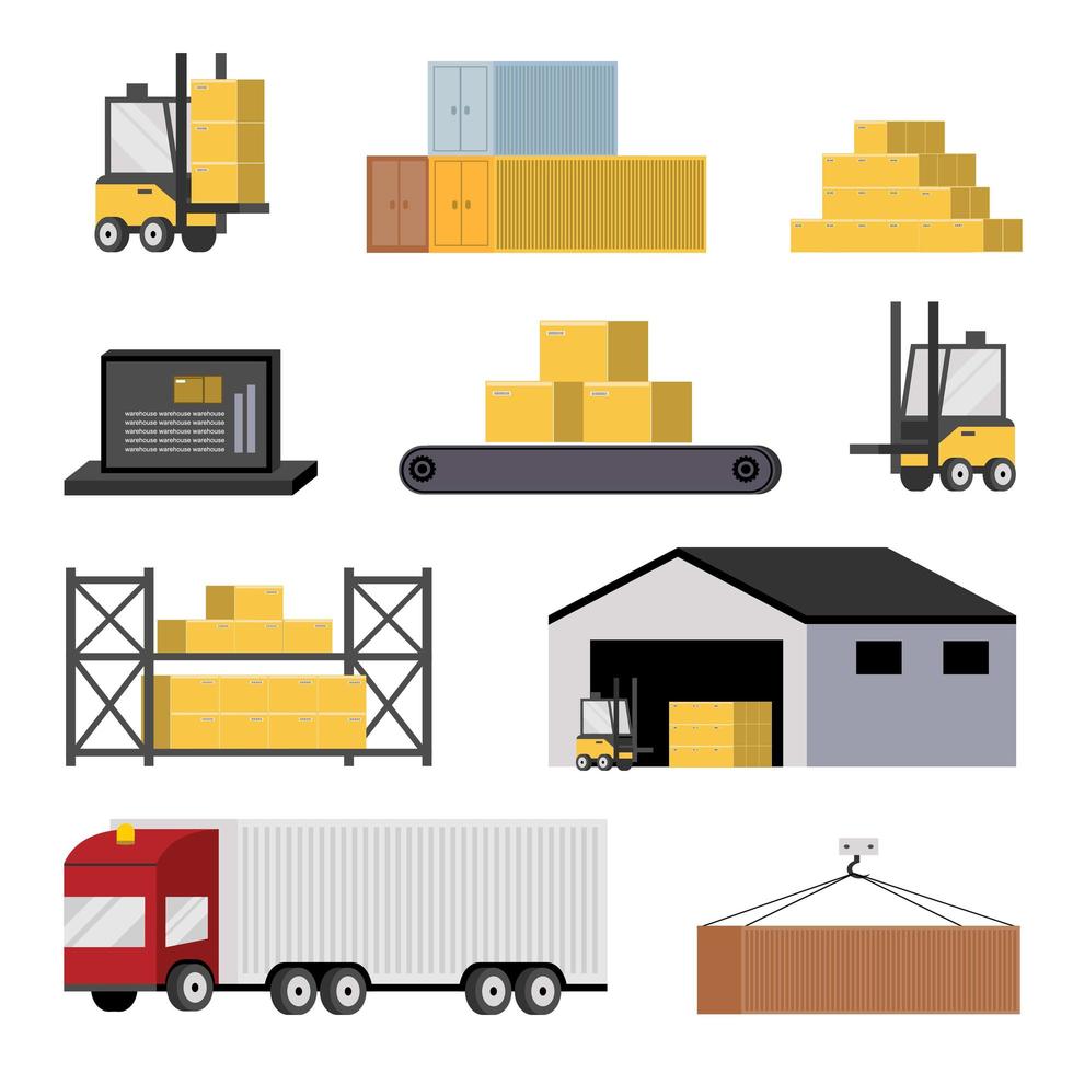 Warehouse with staff, storage building, shelves with goods, unloading cargo. vector