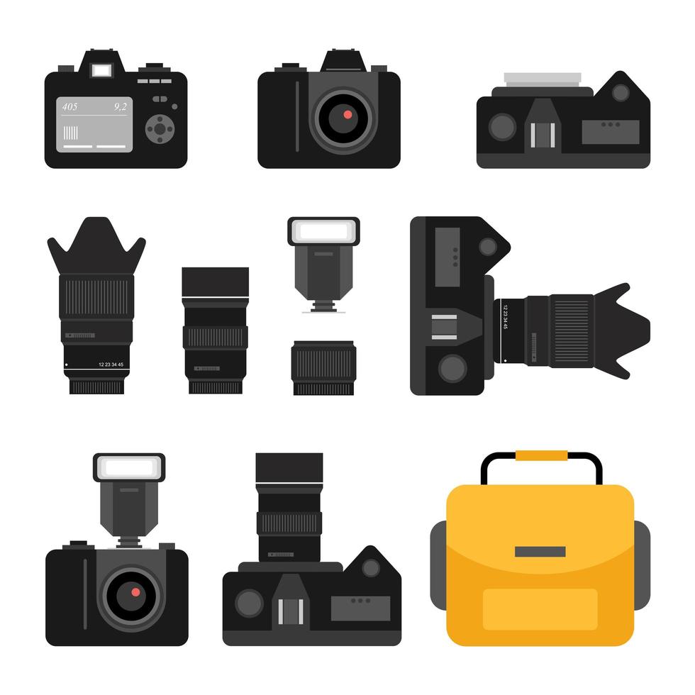 Set of black camera accessory icons on white background. Photography equipment flat vector illustrations.