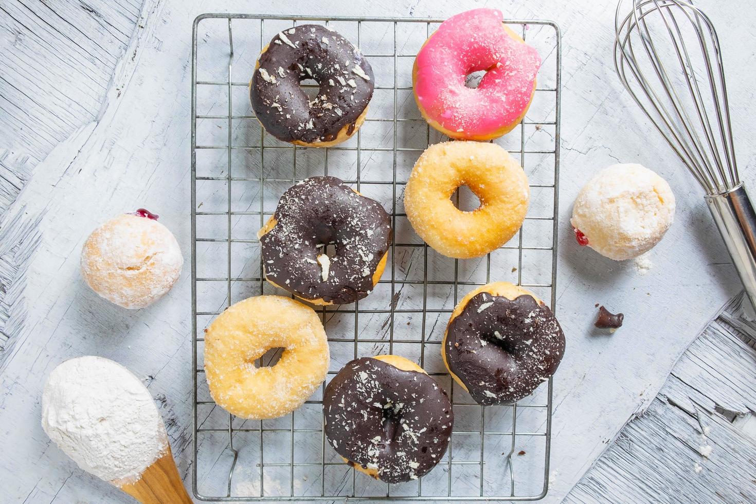 Top view of donuts on a rack photo