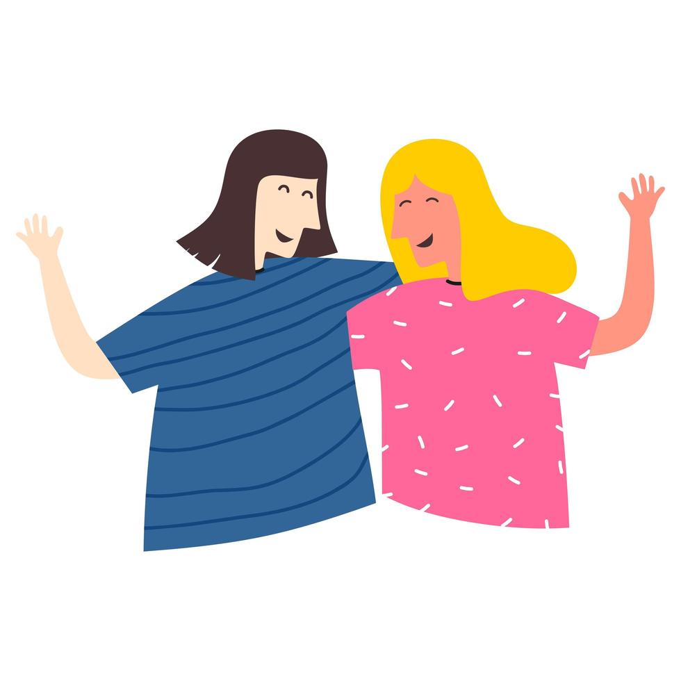 Ilustración de vector plano de amistad femenina. dos niñas de pie posan y se abrazan. personajes de dibujos animados de novias jóvenes alegres. concepto de amistad para banner, sitio web o página web