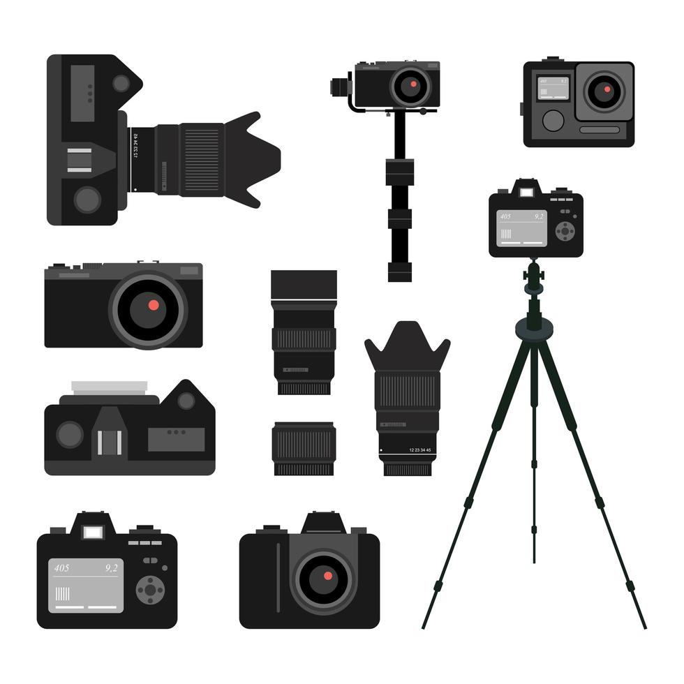 Set of black camera accessory icons on white background. Photography equipment flat vector illustrations.